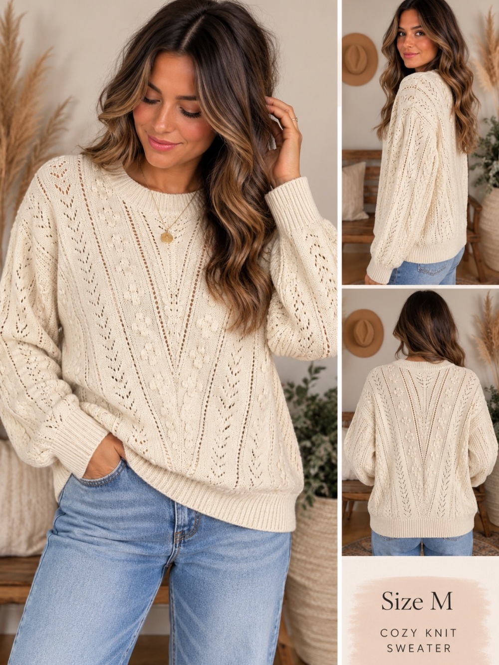 LuLaRoe Andrea Sweater Size S Ivory Cable Knit Openwork Boho Pullover